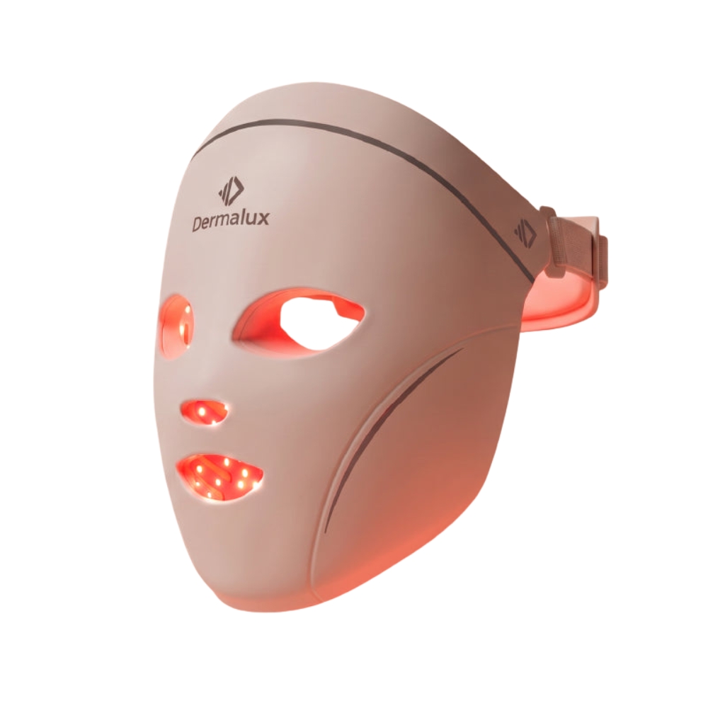 image of an led light mask glowing red