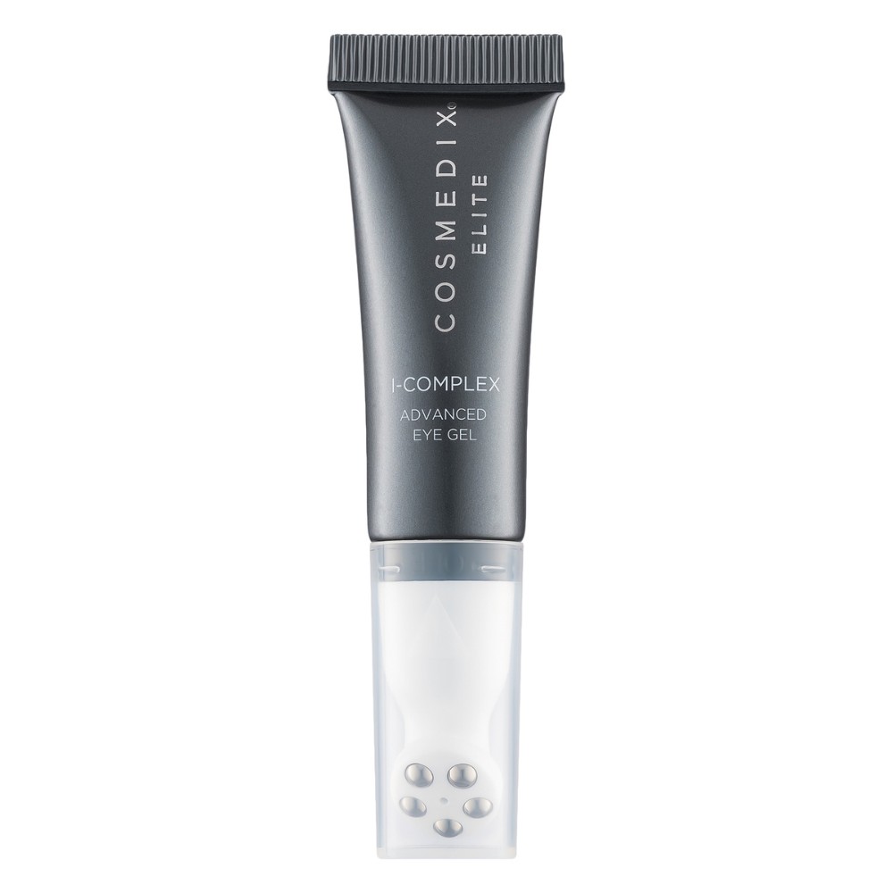 a black tube with white text showing the cosmedix elite i-complex serum packaging